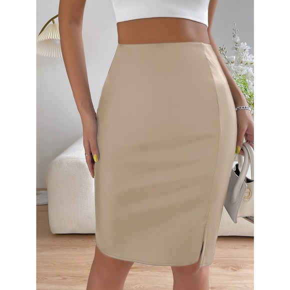 minimalist High Waist Split Hem vegan leather Leather Bodycon Skirt black - Picture 7 of 8